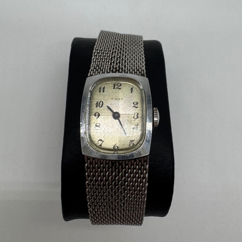 Vintage Timex Tonneau Manual Wind Watch Silver Tone Mesh Band Parts Repair